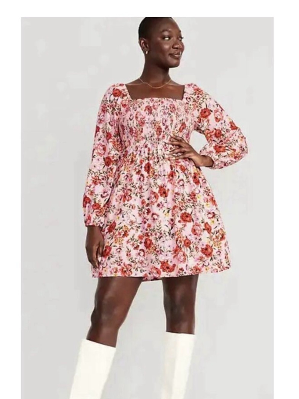 Old Navy Pink Floral Square-Neck Smocked Mini Dress